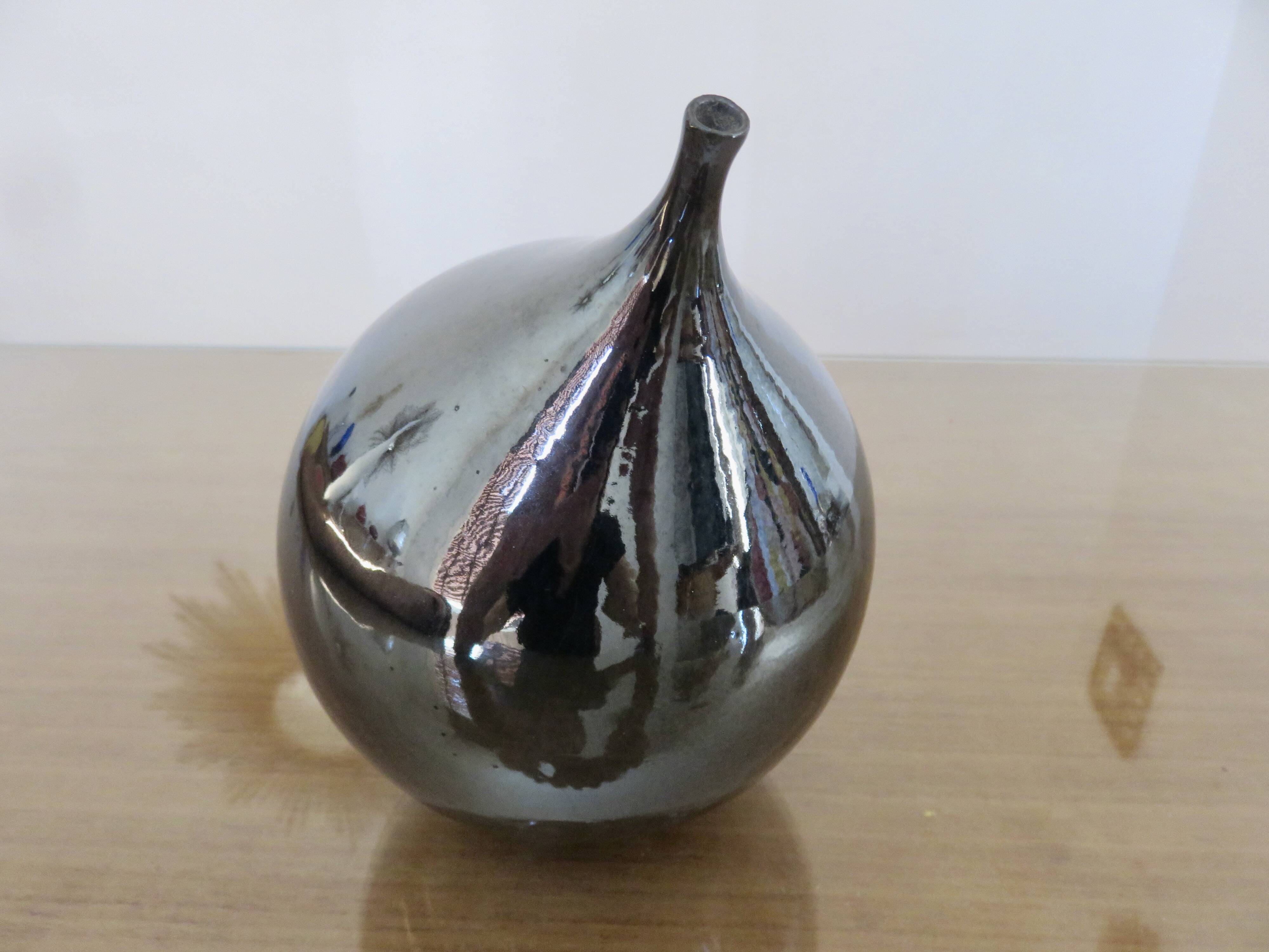 Vintage iridescent black ceramic "fig" vase