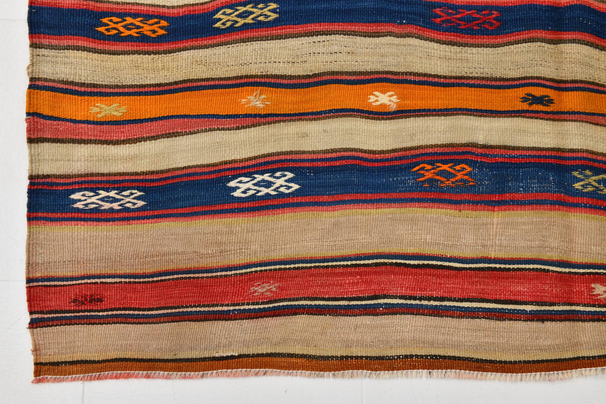 Cream Blue Striped Pattern Vintage Kilim Rug, 162x267Cm