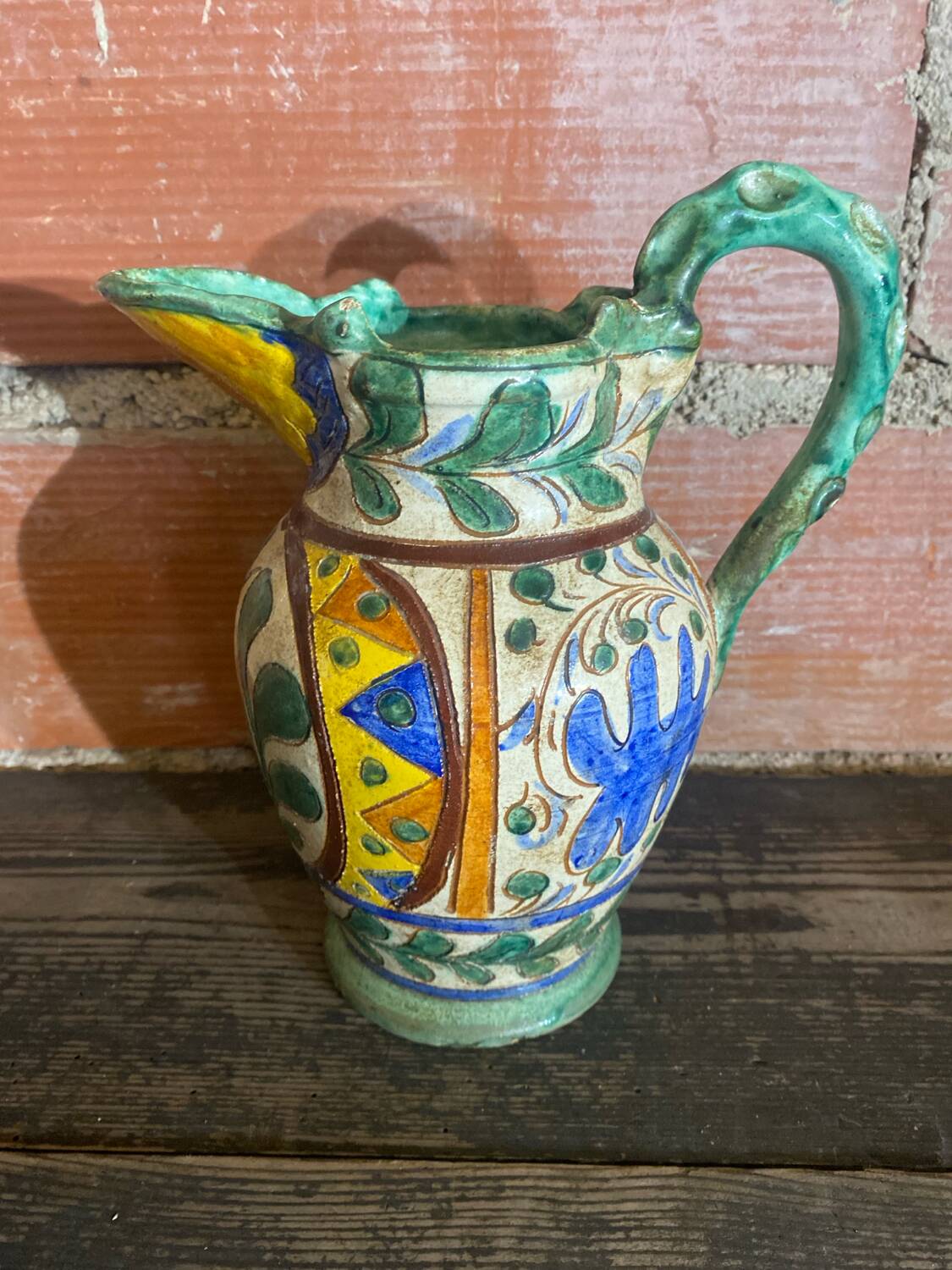 Antique Style Monaco Perugia Ceramic Pitcher with Multicolored Bird Decoration