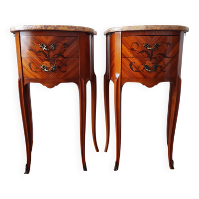 Paire de tables de chevet style Louis XV marqueterie & marbre
