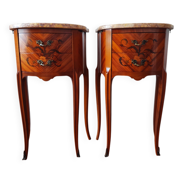 Paire de tables de chevet style Louis XV marqueterie & marbre