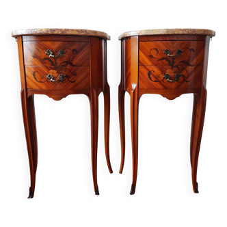 Pair of Louis XV style bedside tables with marquetry and marble.