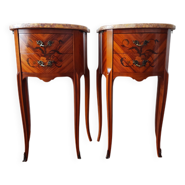 Pair of Louis XV style bedside tables with marquetry and marble.
