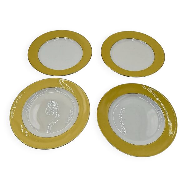 Assiettes plates l'Amandinoise jaune et bords dorés