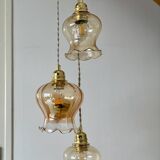 Triple vintage tulip pendant light in amber glass