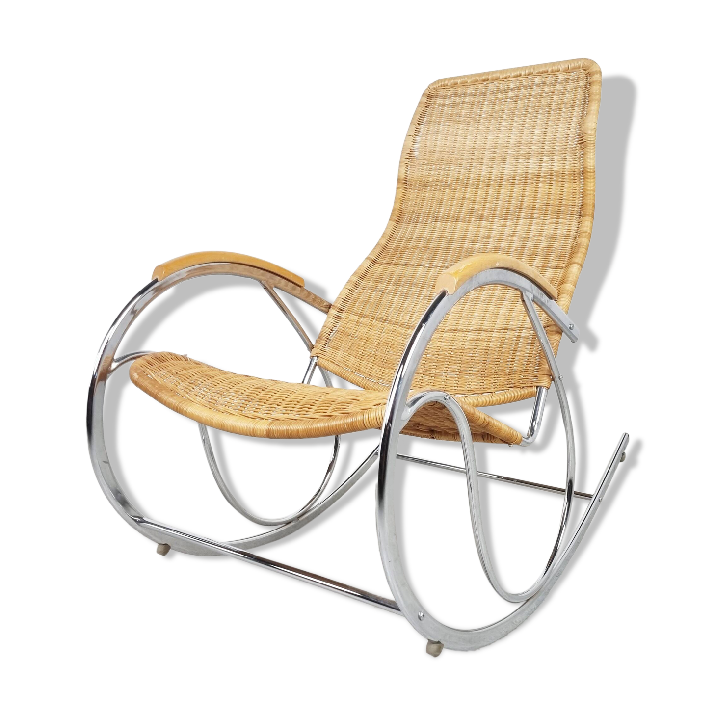 Vintage chrome and wicker rocking chair, 1970s