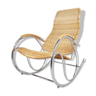 Vintage chrome and wicker rocking chair, 1970s