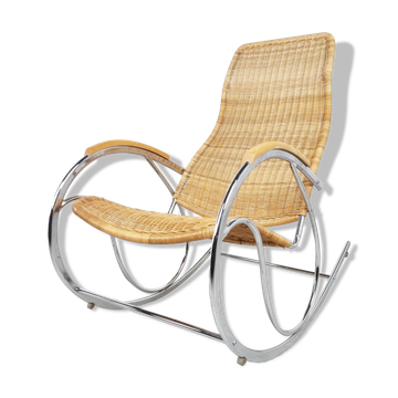 Vintage chrome and wicker rocking chair, 1970s