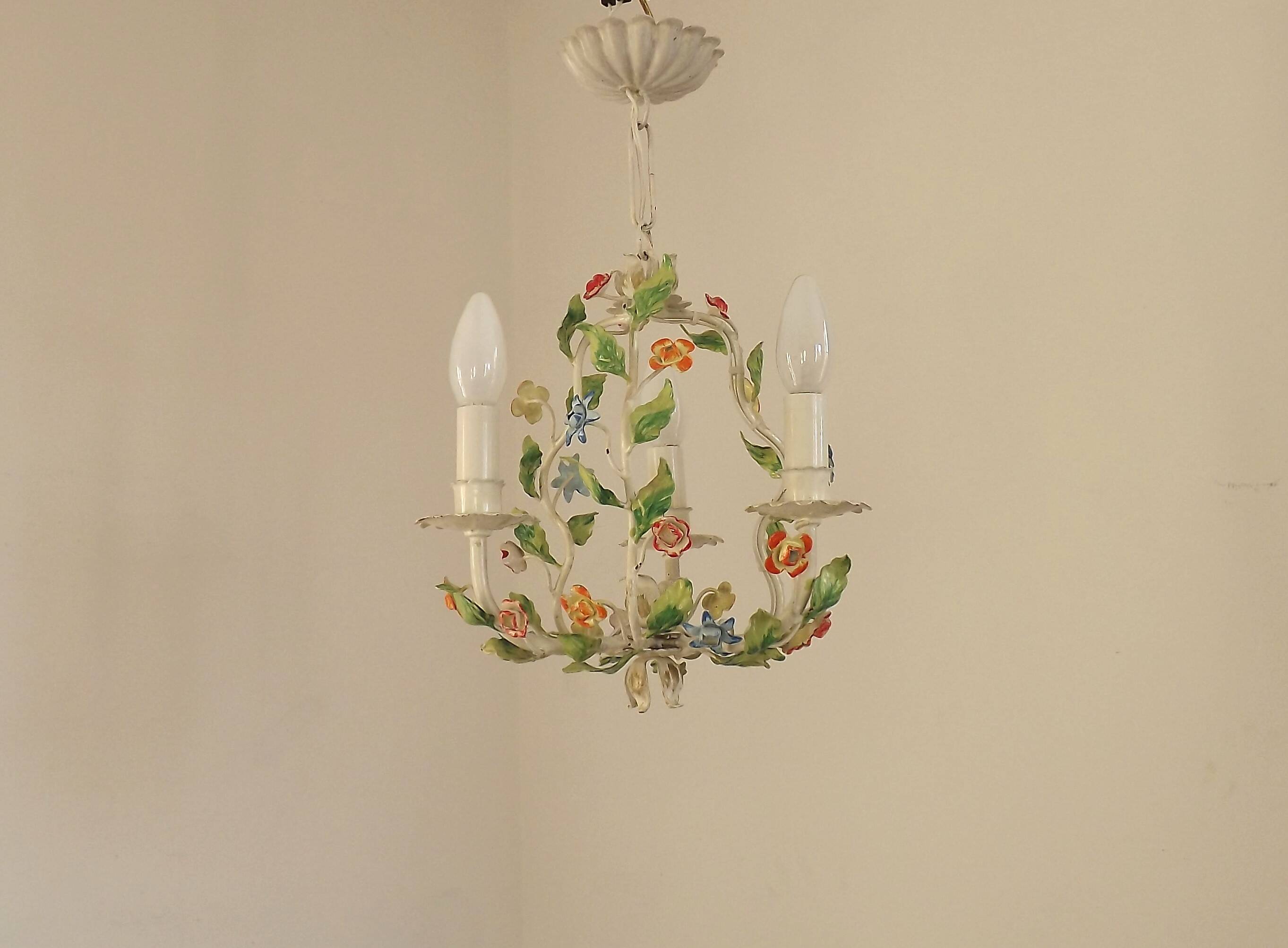 Romantic Vintage Italian Metal 3 Light Cage Chandelier Circa 1930s/40s