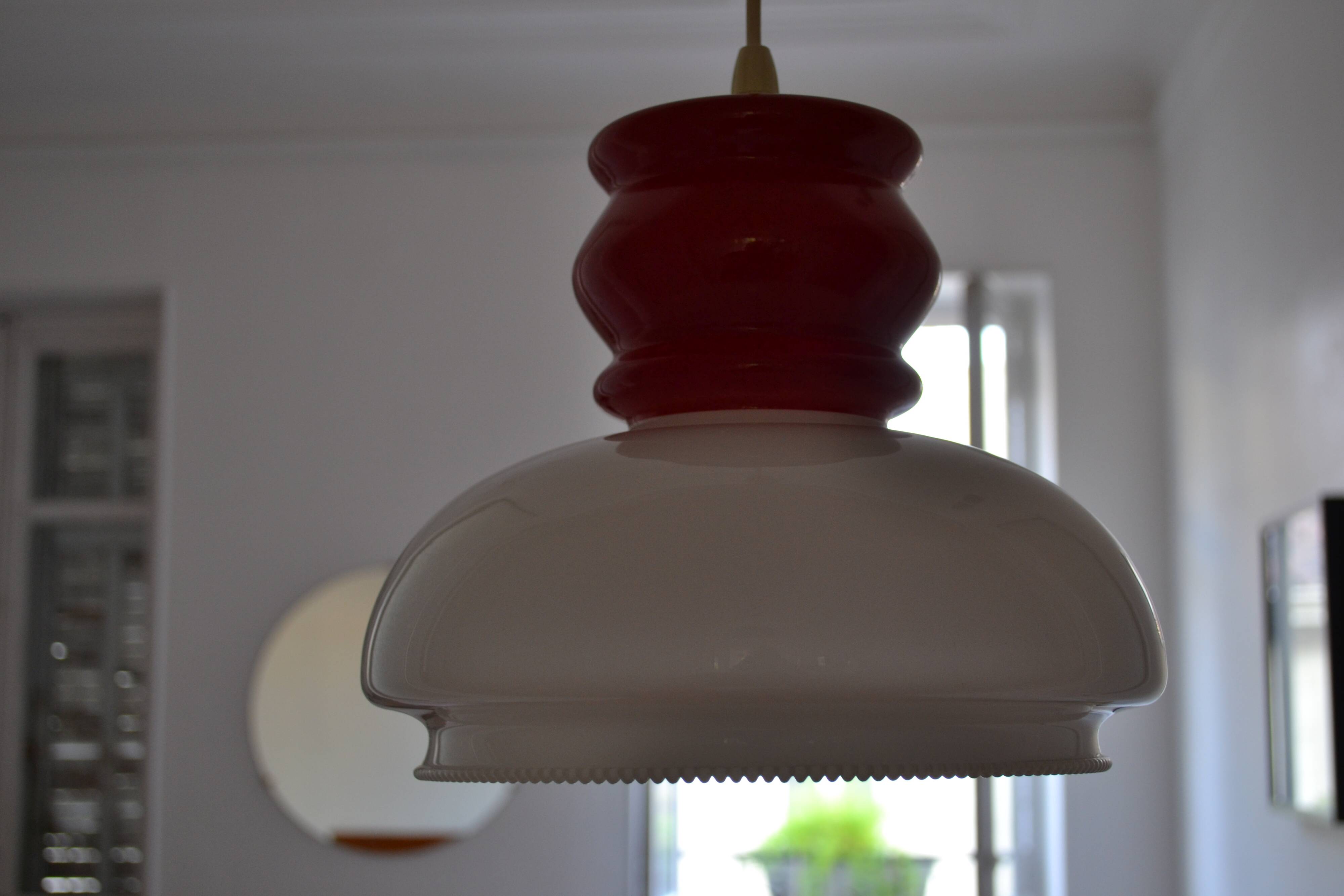White and red opaline glass chandelier vintage 1970 space age
