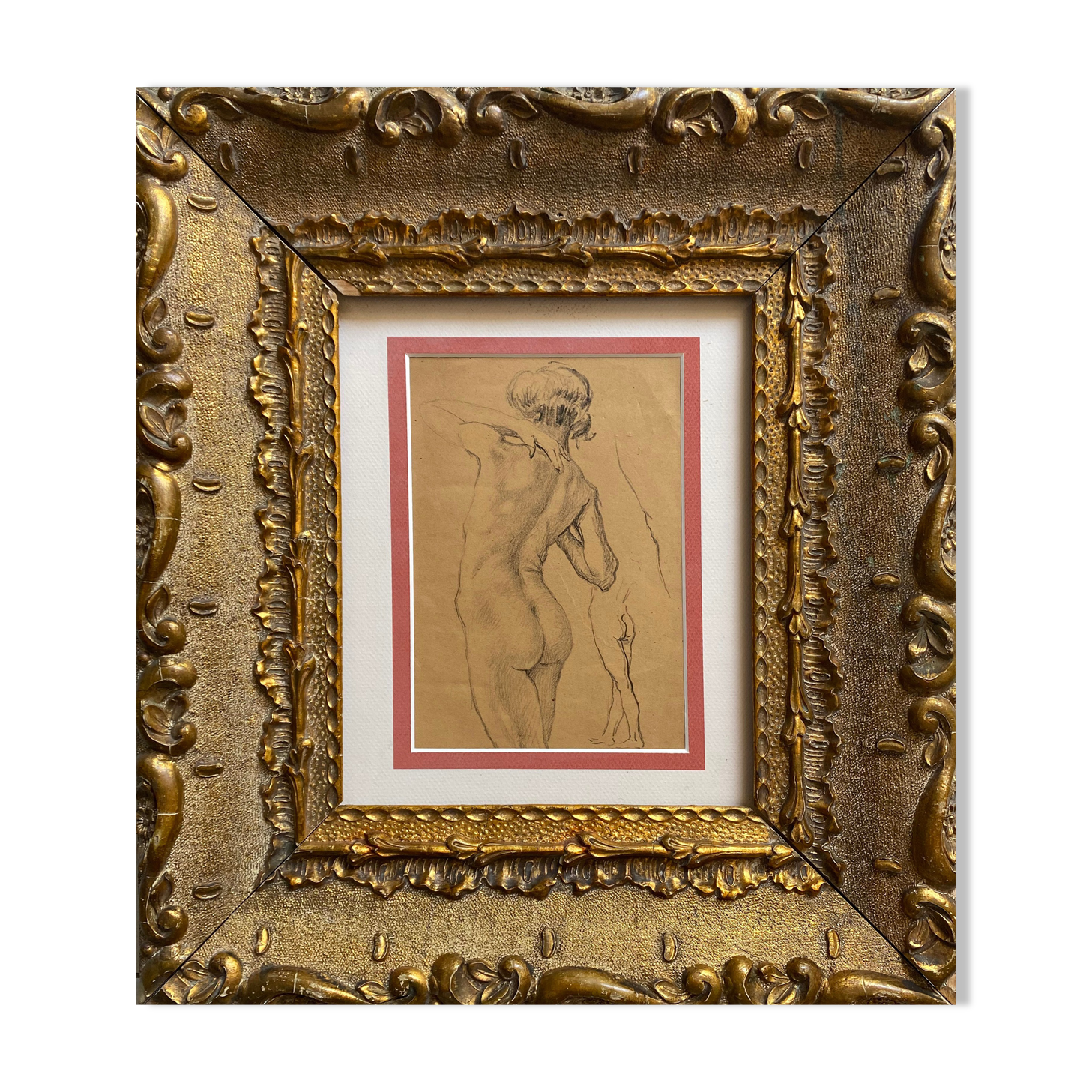 Painting old drawing "Study of woman's nude" around 1900 with frame