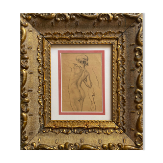 Painting old drawing "Study of woman's nude" around 1900 with frame