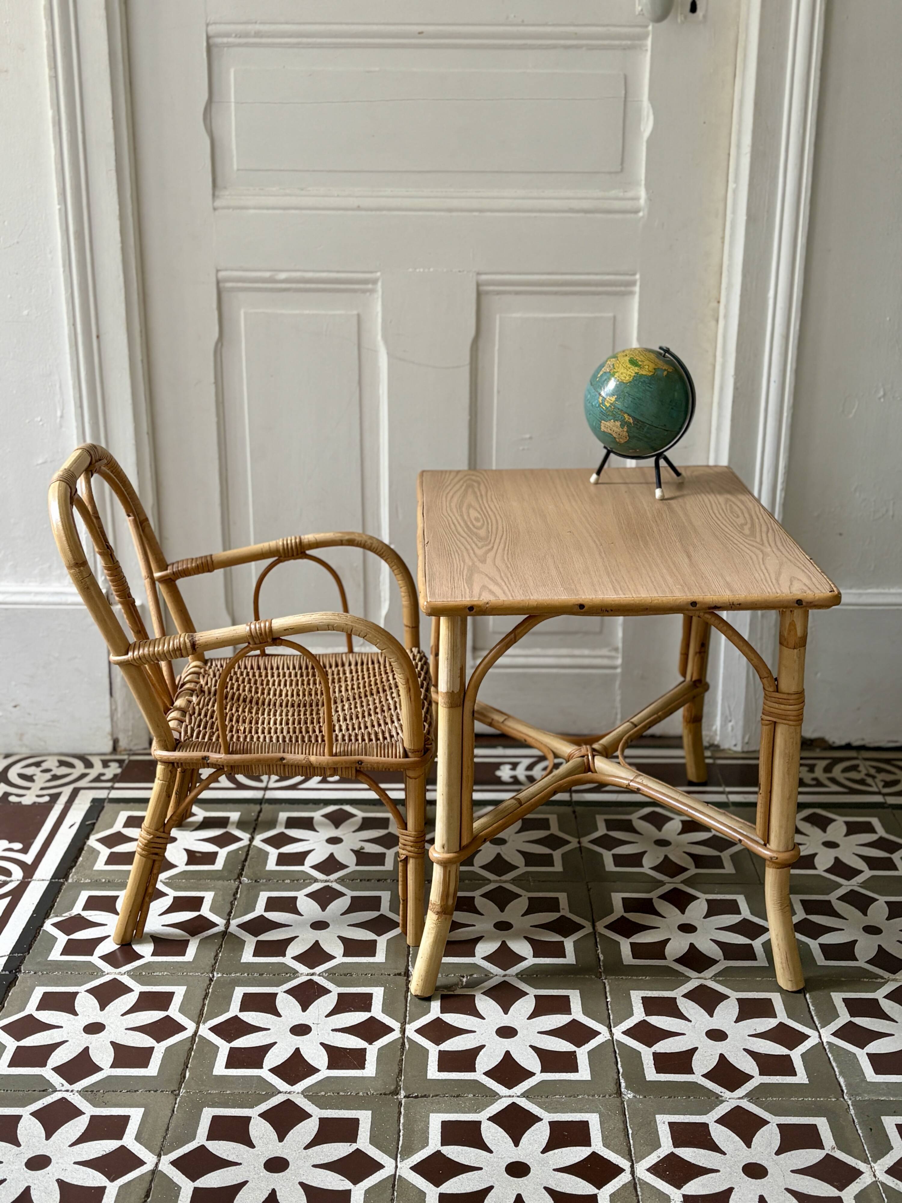 Vintage rattan desk and chair set for children