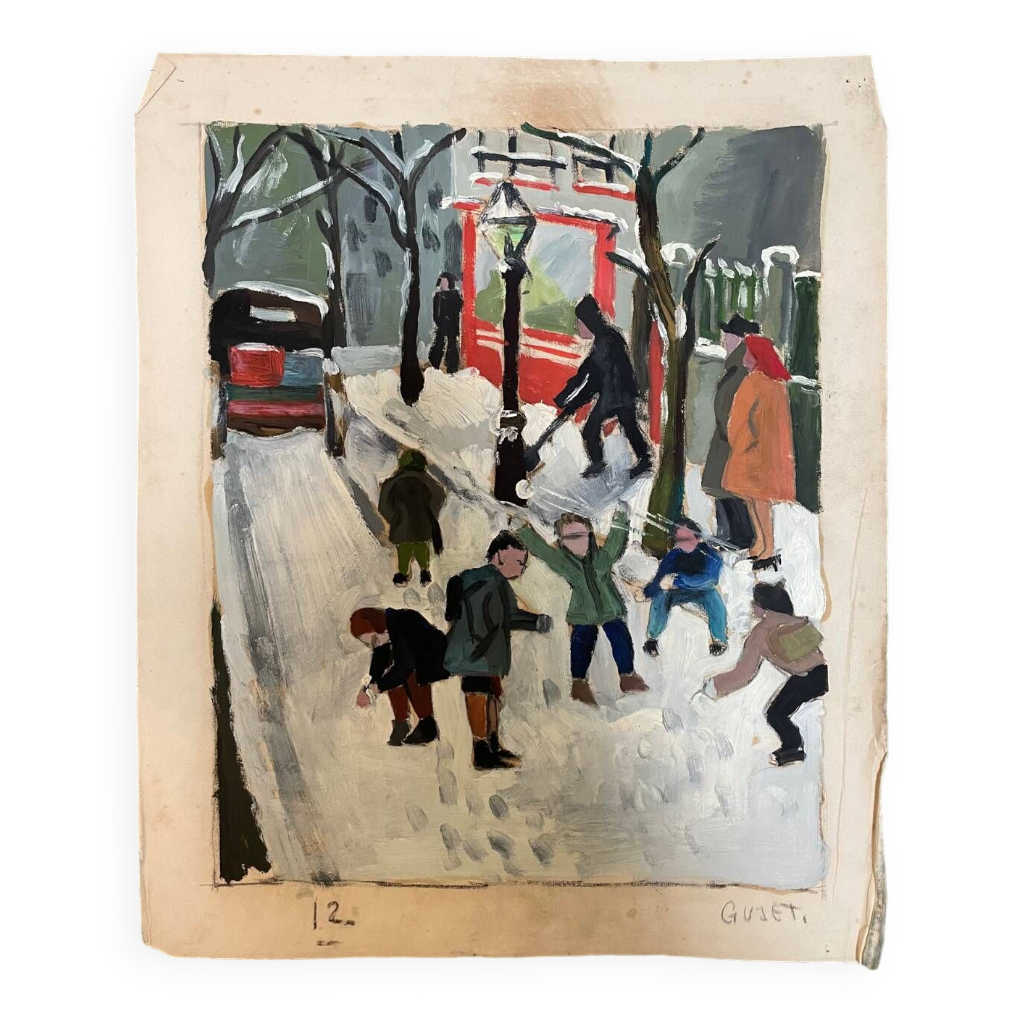 Painting children playing in the snow signed Guiet XXE