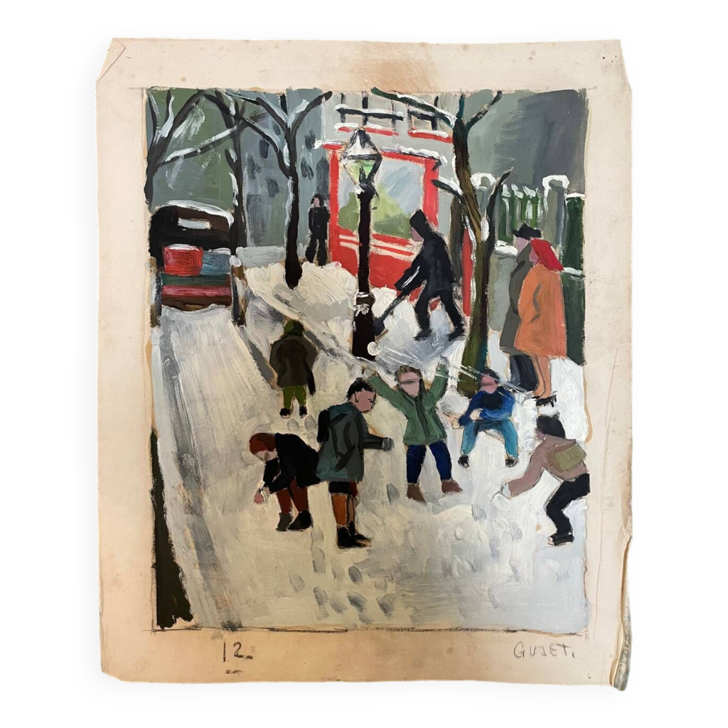 Tableau enfants jouant dans la neige signé Guiet XXE | Selency
