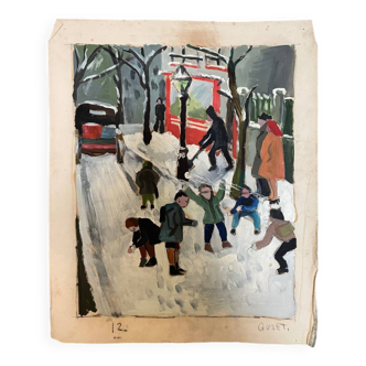 Tableau enfants jouant dans la neige signé Guiet XXE