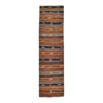Tapis coureur vintage en kilim rayé marron et rouge, 79x299 cm