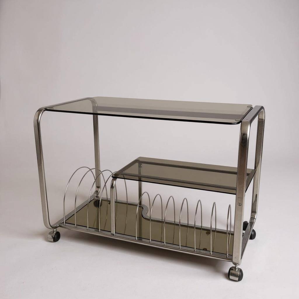 Vintage Space Age 1970s Coffee Table • Black Smoked Glass & Chrome • Magazine Rack