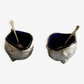 Pair of late 19th century salt cellars in silver metal with blue crystal lining