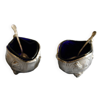 Pair of late 19th century salt cellars in silver metal with blue crystal lining