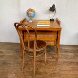 Modernist vintage chest of drawers in light chene has 3 drawers rattan top changing table