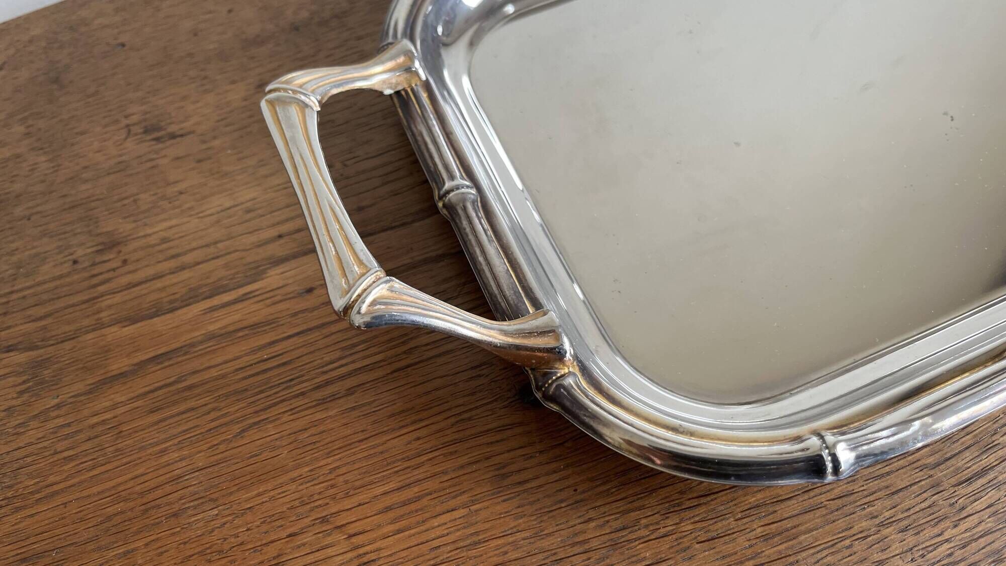Silver-plated faux bamboo tray USA 1970 Hollywood Regency