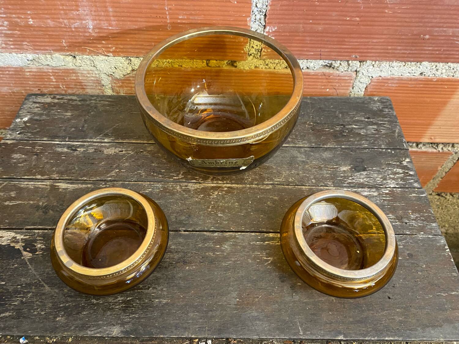 Salad bowl + 2 Antique AMBRINE Bowls Amber Glass + Gold Bronze Mounting