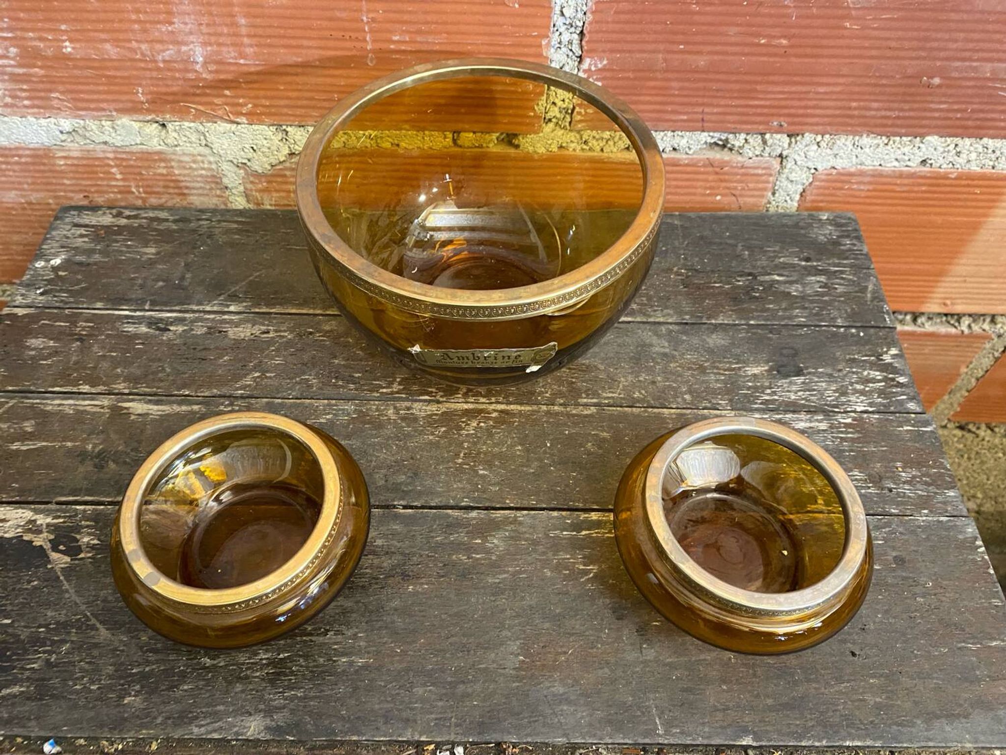Salad bowl + 2 Antique AMBRINE Bowls Amber Glass + Gold Bronze Mounting