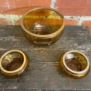 Salad bowl + 2 Antique AMBRINE Bowls Amber Glass + Gold Bronze Mounting