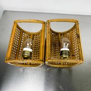 Pair of mid-century woven wicker & rattan wall sconces – Italy 1960s