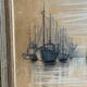 Old gouache broutin urk fishing boats + wooden frame #b545