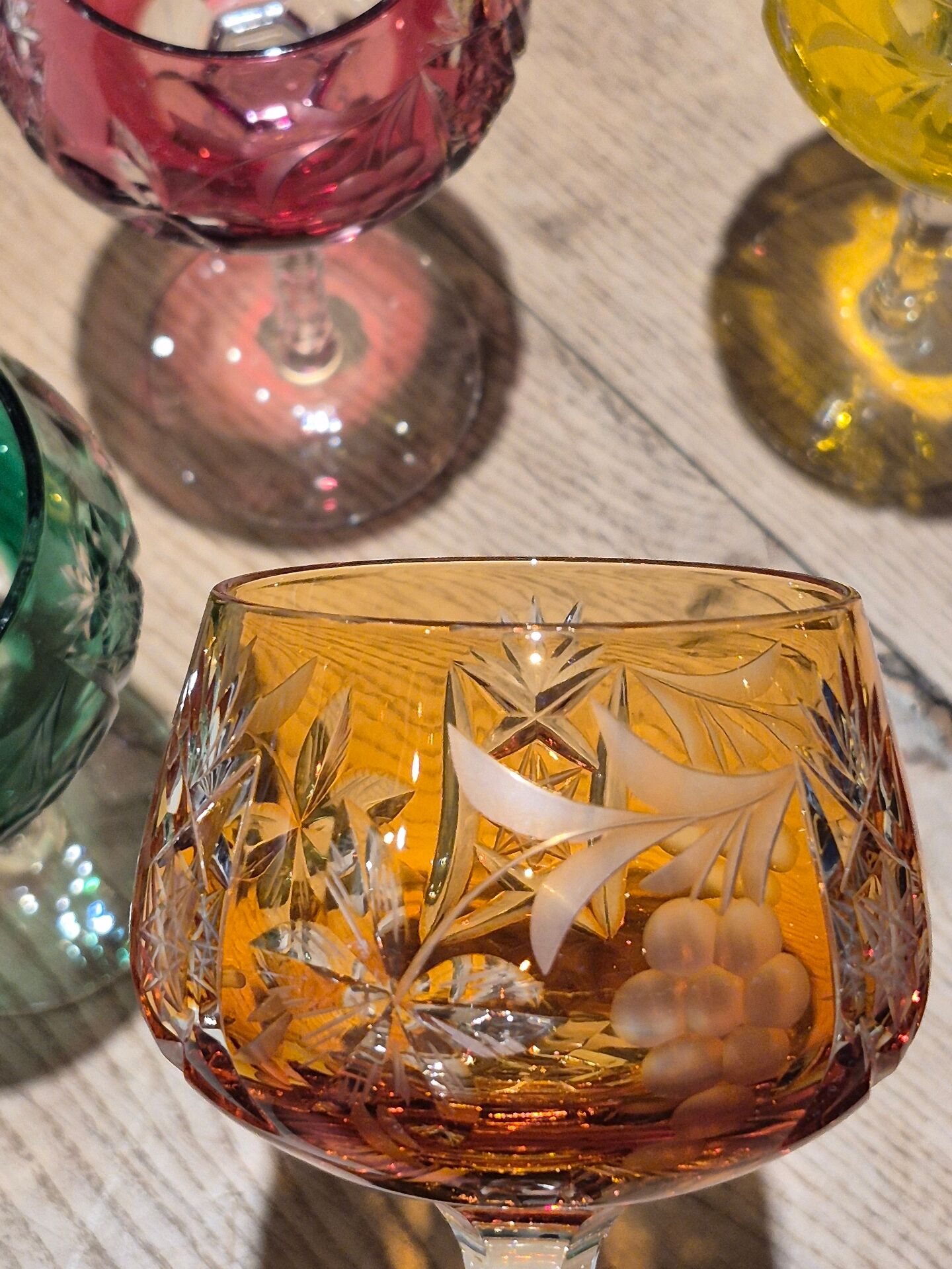 Set of 4 vintage coloured cut crystal wine glasses