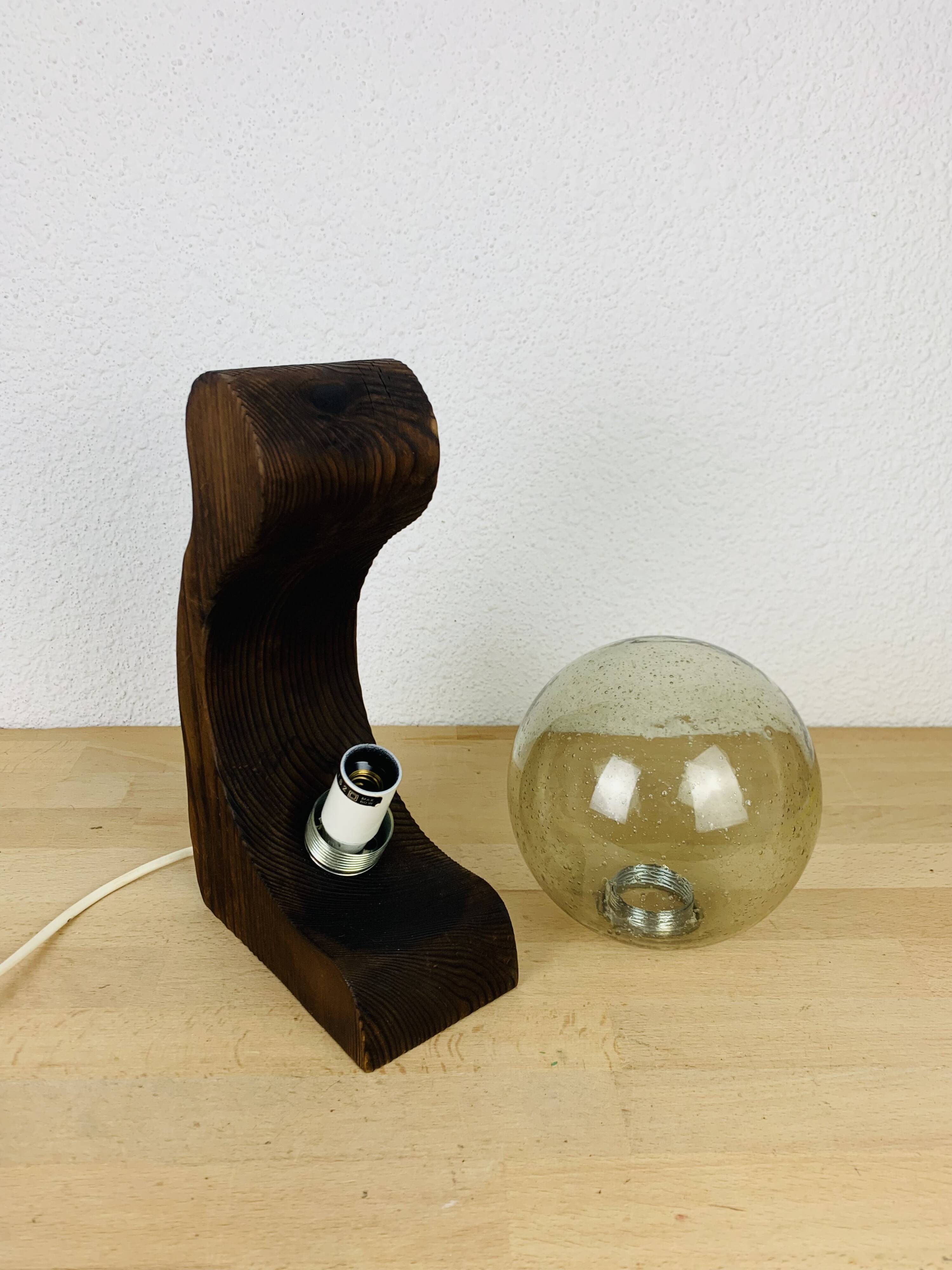 Brutalist lamp Temde Leuchten 1970s pine and glass globe