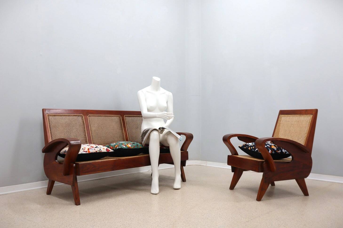 Mid century 3 seater sofa / bench teak wood and Vienna 1950s