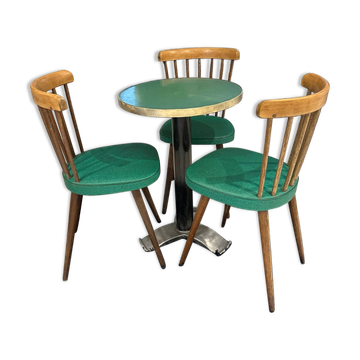 Set of pedestal table and 3 vintage bistro chairs from the 1960s