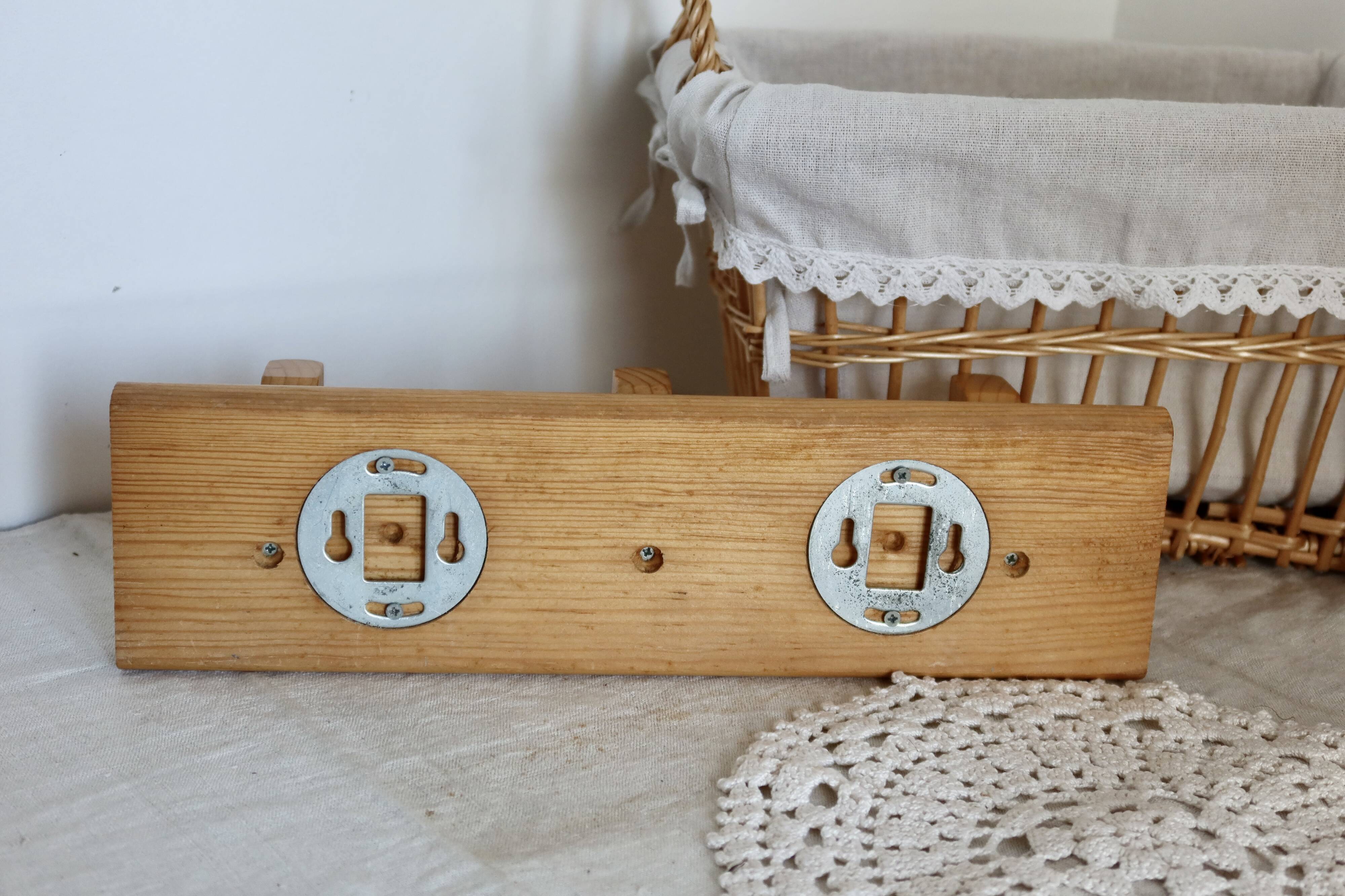 Vintage wall coat rack in pine with 3 hooks.