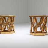 Carved gilded wooden side tables with marble tray - 1970