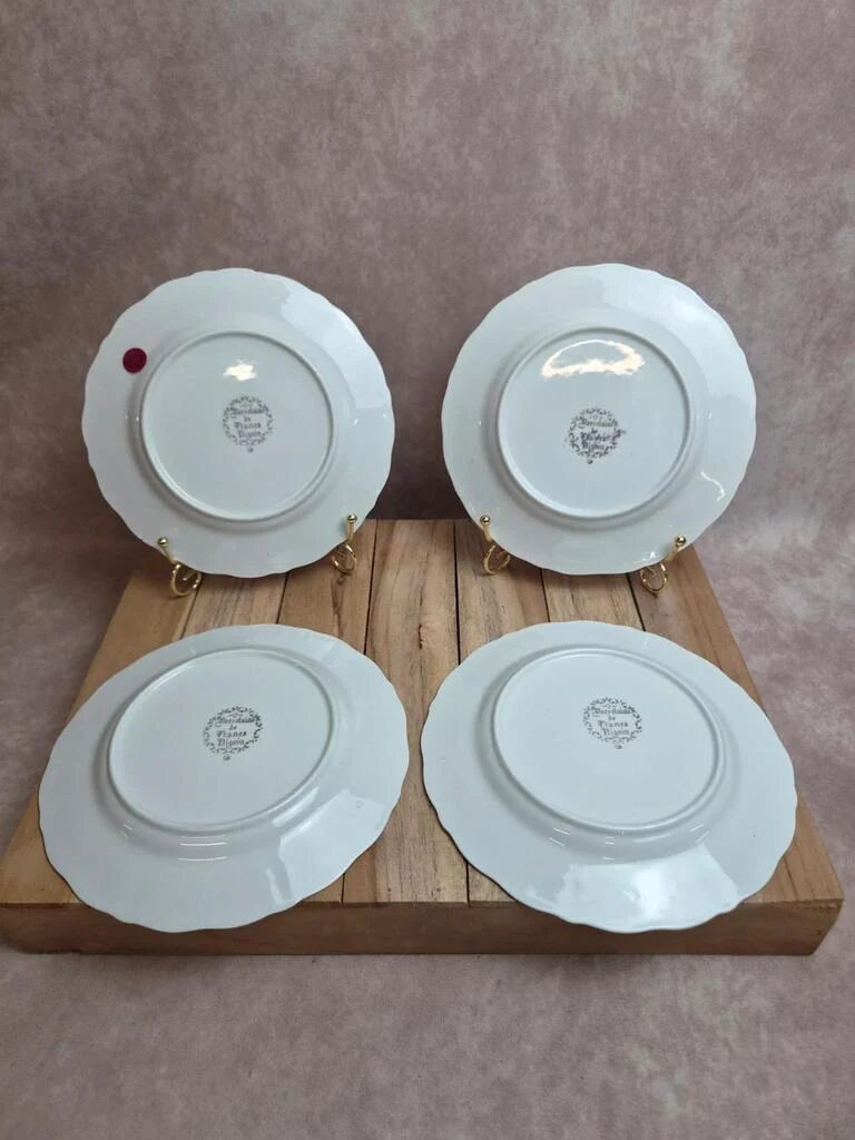 Set of 4 dessert plates French porcelain Digoin romantic floral gold decoration