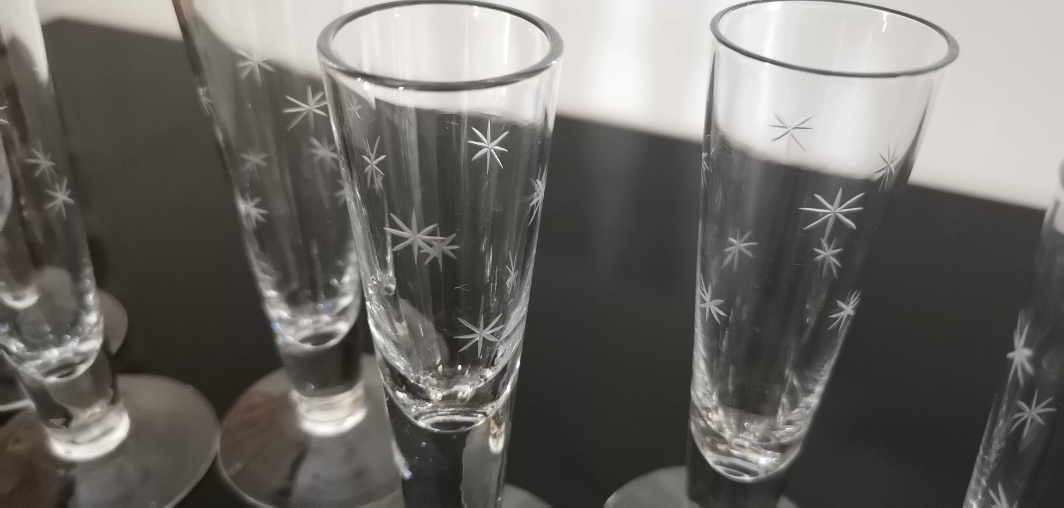 6 small antique hand-blown crystal flutes