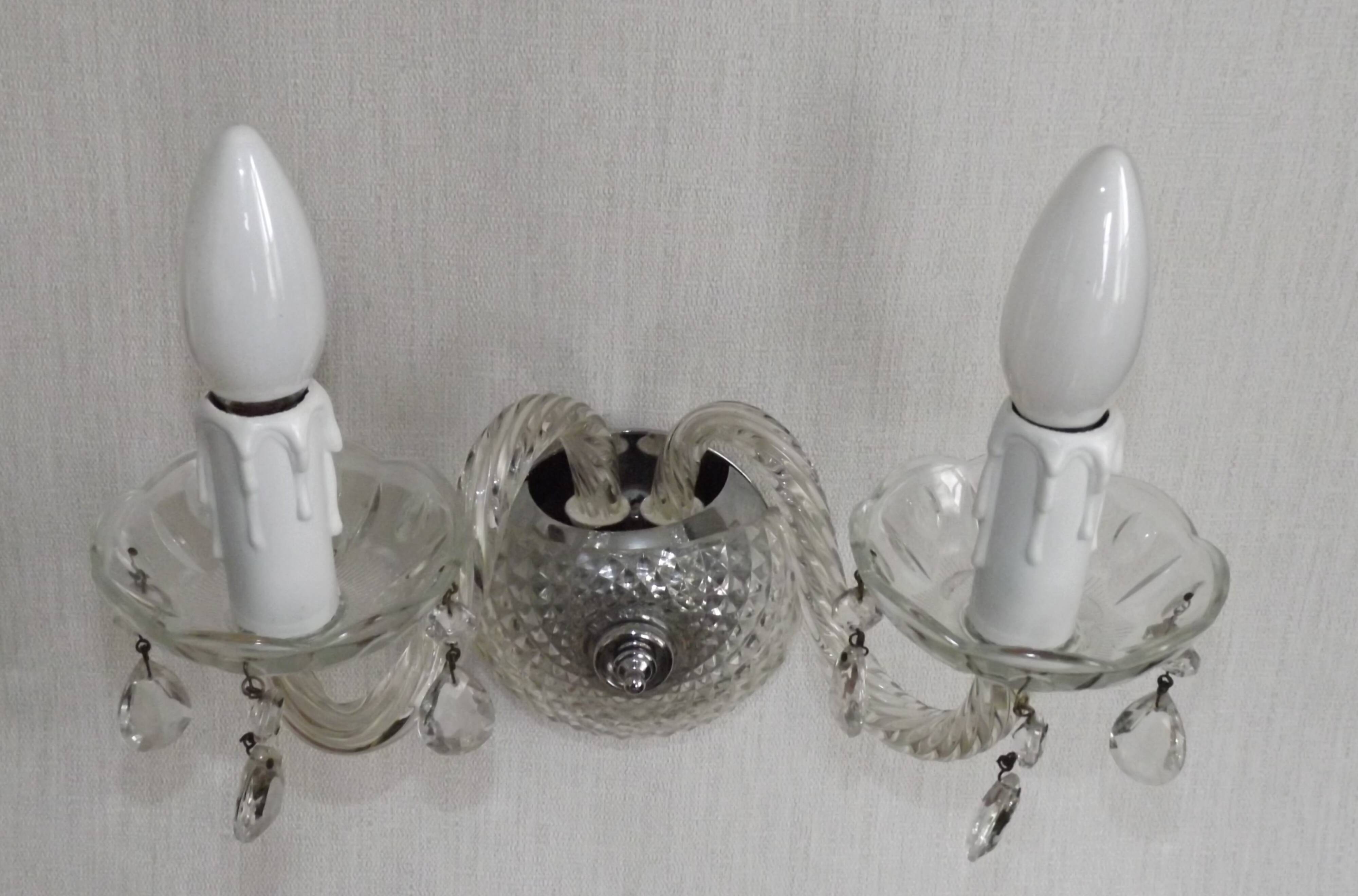 Pair of French vintage double crystal wall lights with barley twist glass arms.