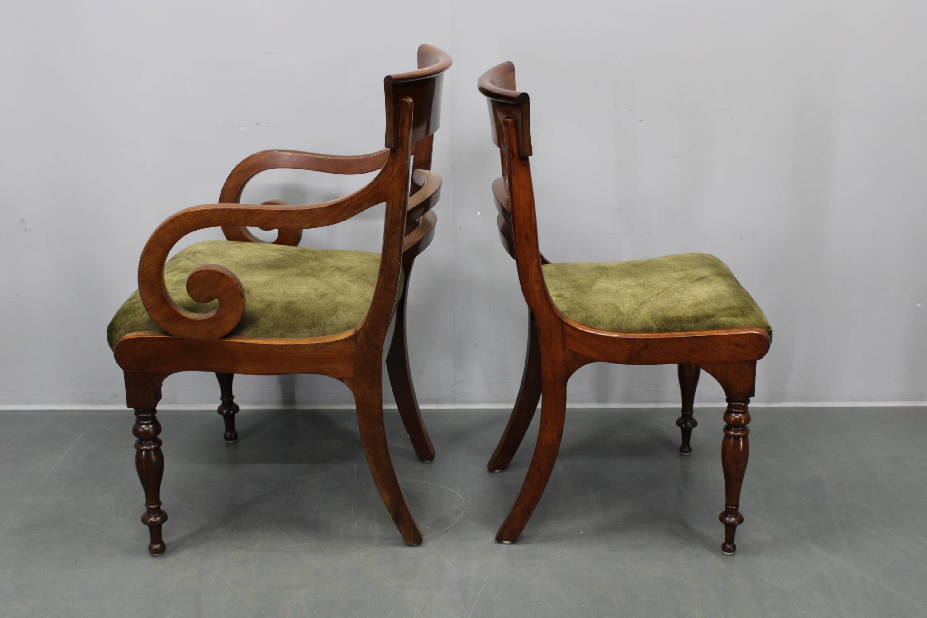 French Art Deco walnut dining chair set with armchairs, France 1930s
