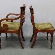 French Art Deco walnut dining chair set with armchairs, France 1930s