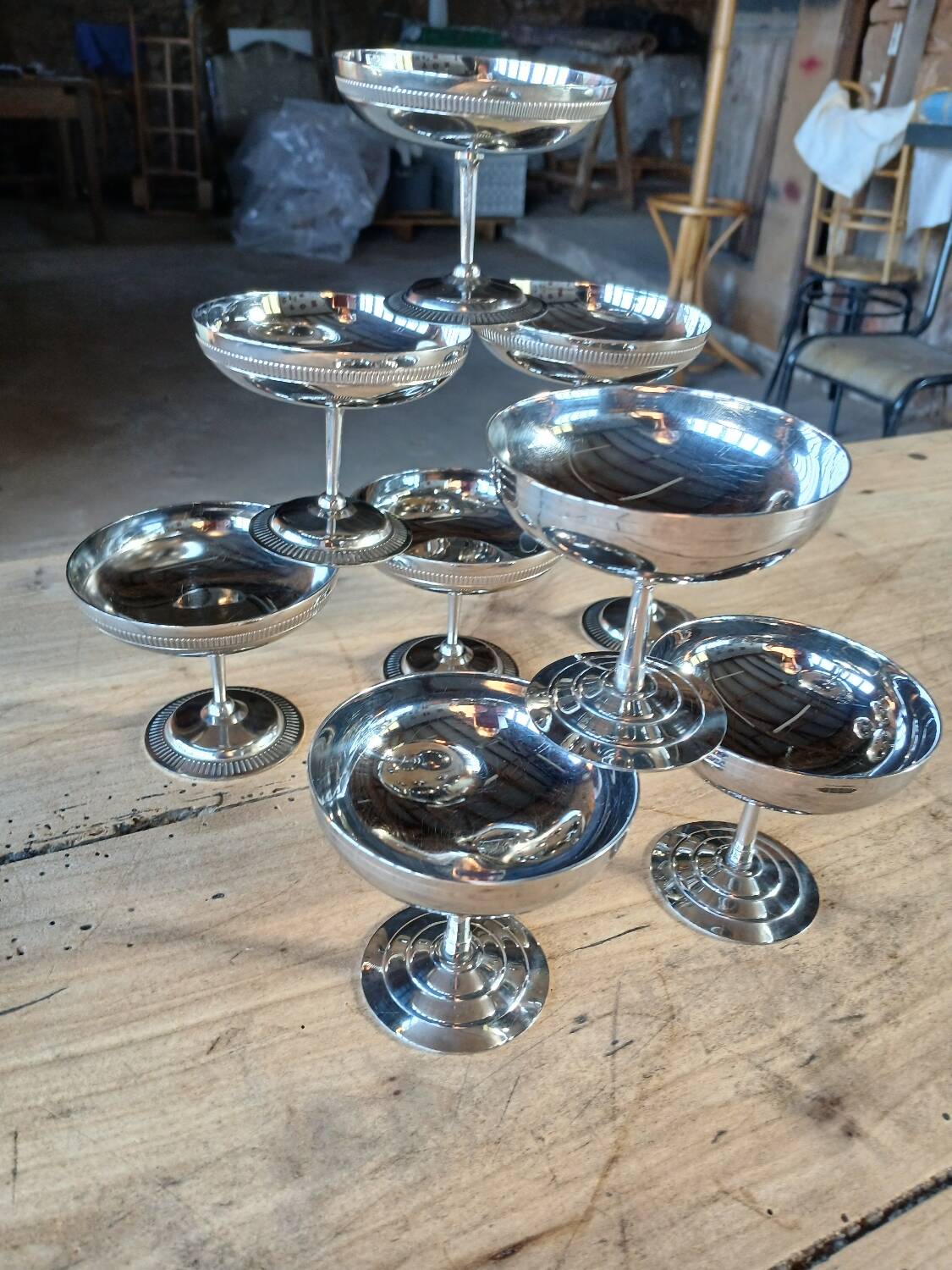 9 antique stainless steel ice cream cups