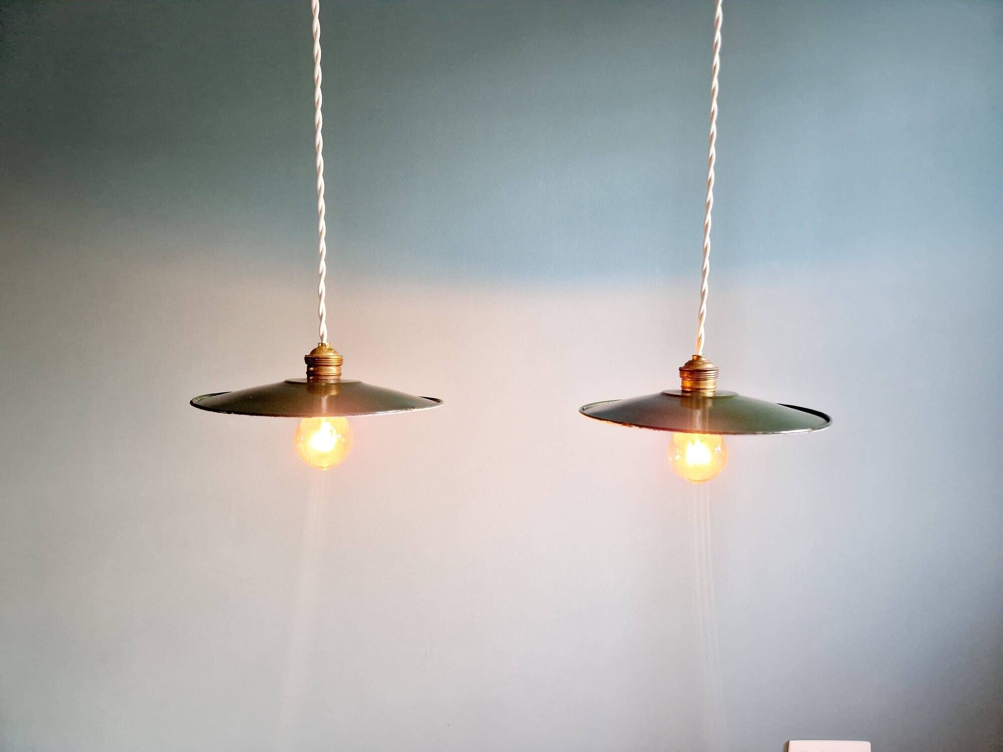 Pair of industrial pendant lights in green enamelled sheet metal