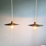 Pair of industrial pendant lights in green enamelled sheet metal