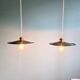 Pair of industrial pendant lights in green enamelled sheet metal