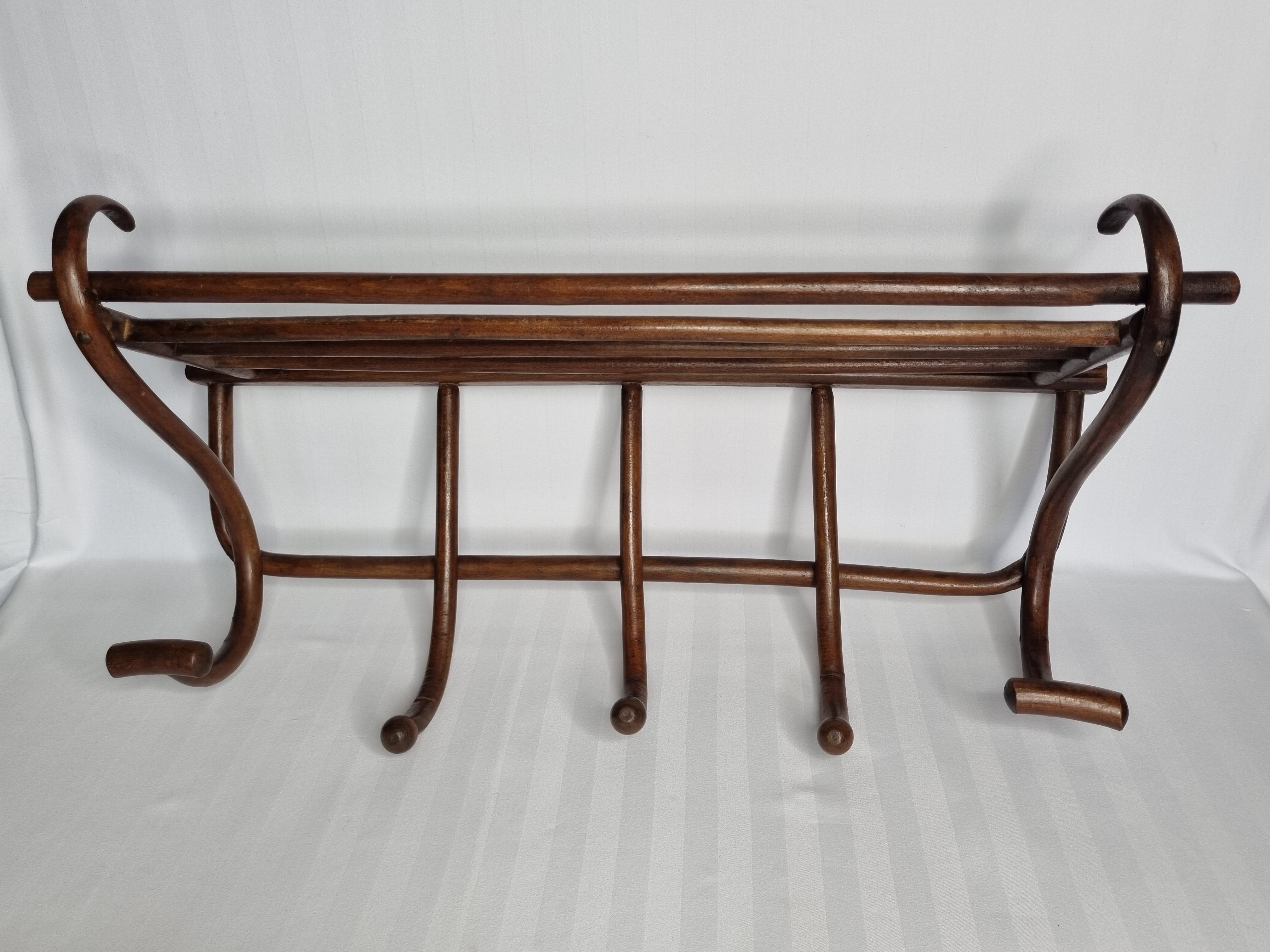 Portemanteau mural en bois courbé ancien 1900, 5 patères et un porte chapeau