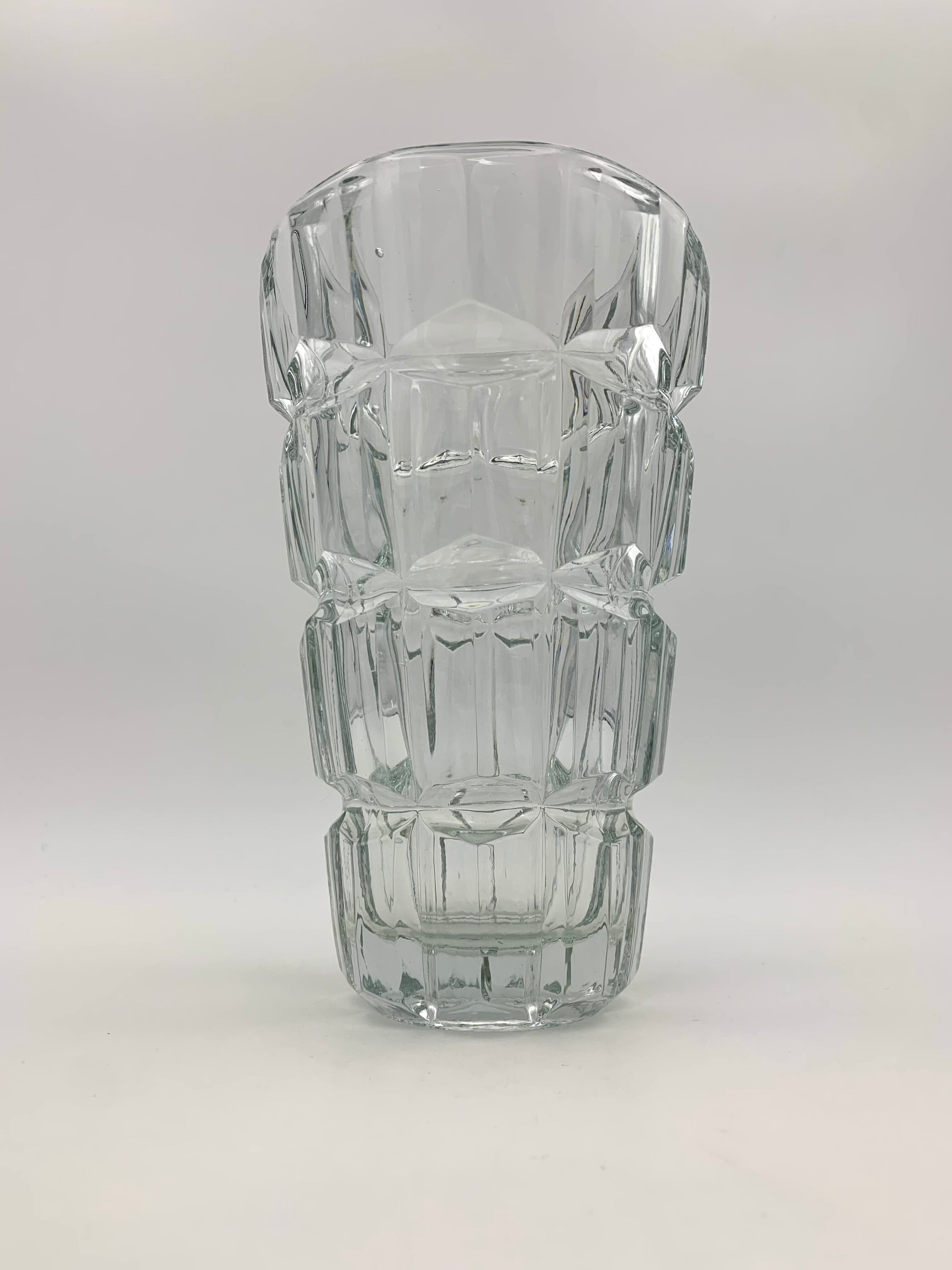 Vintage moulded glass vase, geometric relief decoration 1970