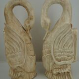 Two wall lamps in carved and lacquered cream wood, representing swans