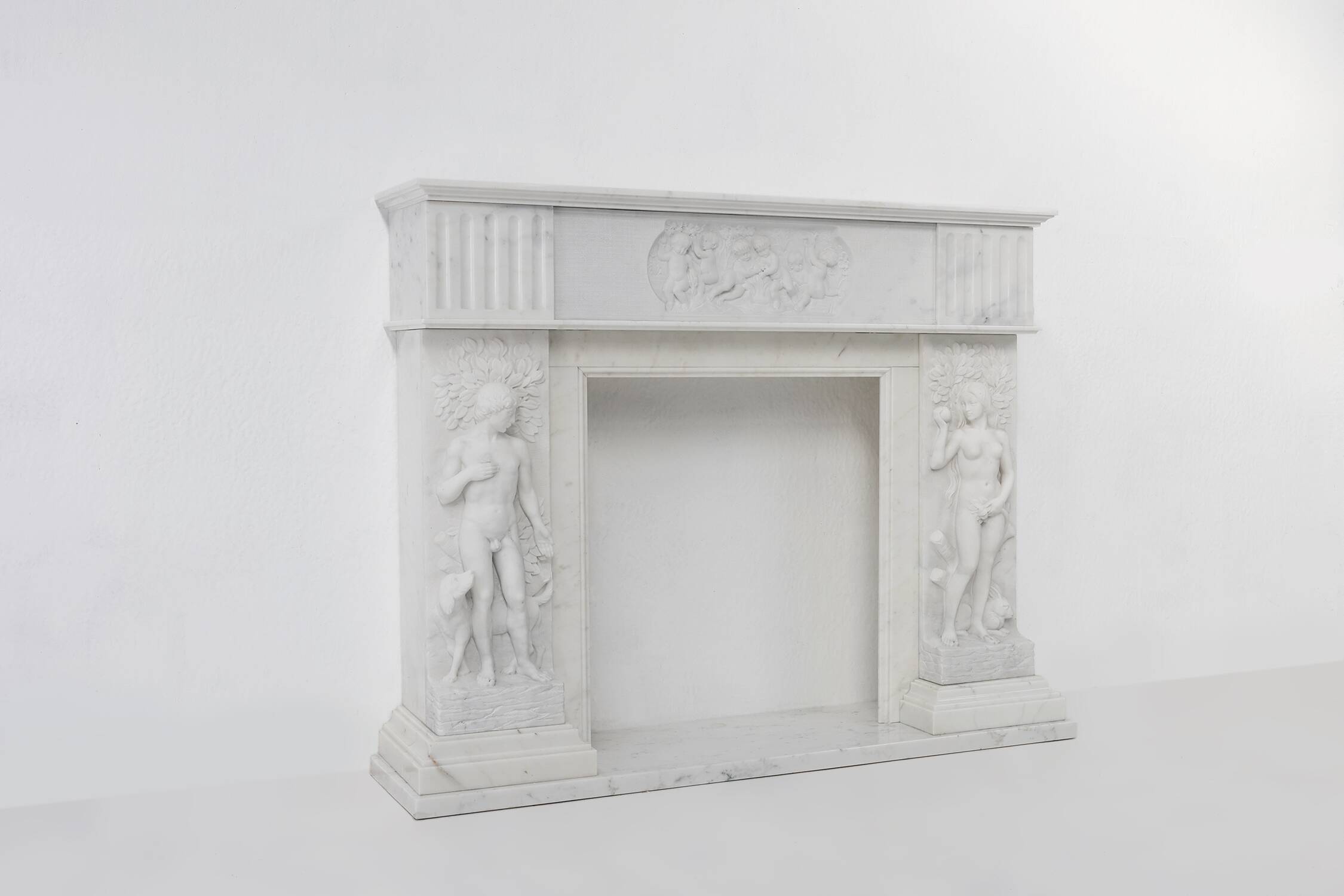 French Carrara marble fire place with Adam and Eve decoration